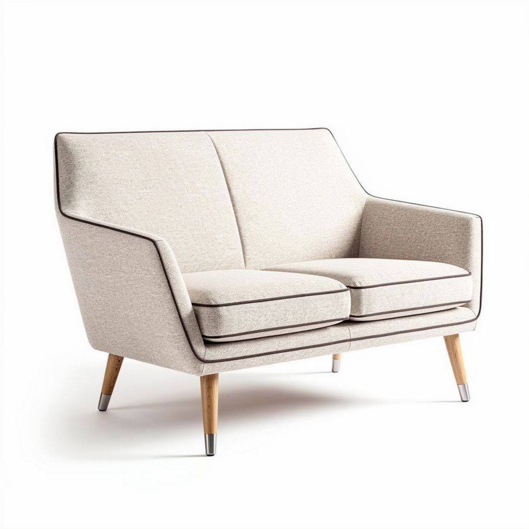 Divano moderno in tessuto beige con gambe in legno dimensioni 140 x 80 x 70cm