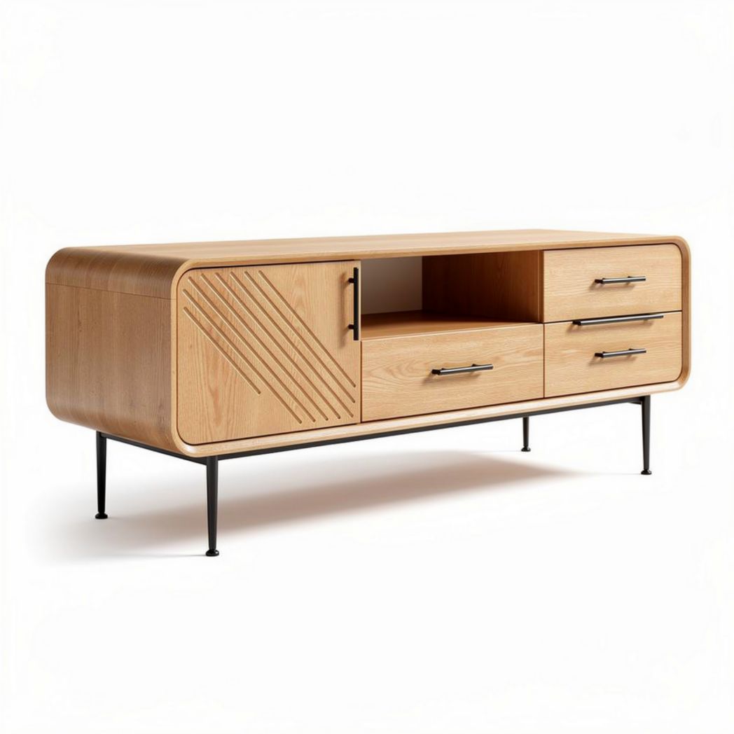 Mobiletto tv in legno di rovere con 4 cassetti e ripiano aperto 120 x 40 x 50cm