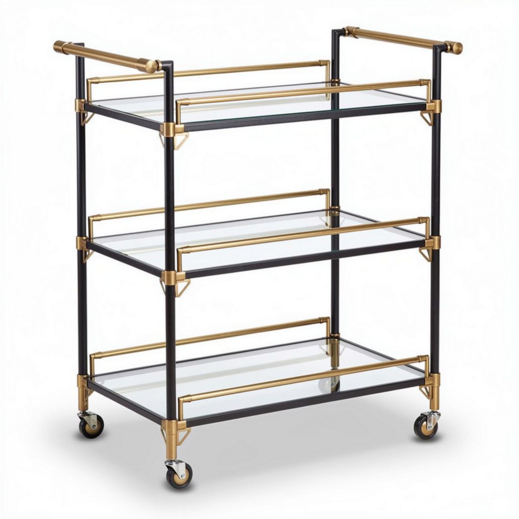 Carrello da servizio con struttura in metallo nero e ripiani in vetro 80 x 40 x 90cm