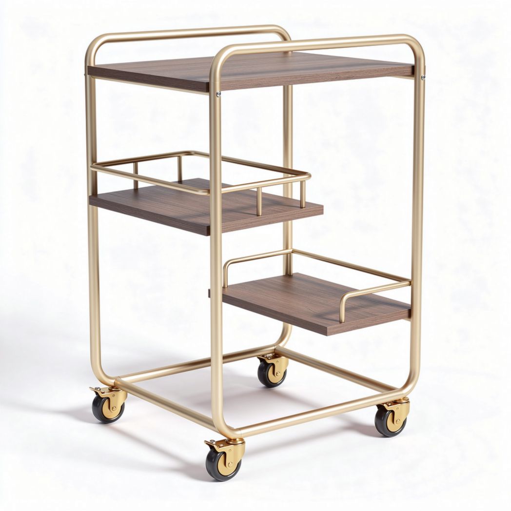 Carrello da cucina con struttura in metallo oro e ripiani in legno 70 x 40 x 85cm