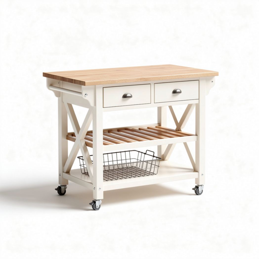 Carrello da cucina in legno massello e metallo con cassetti e ruote 120 x 60 x 90cm