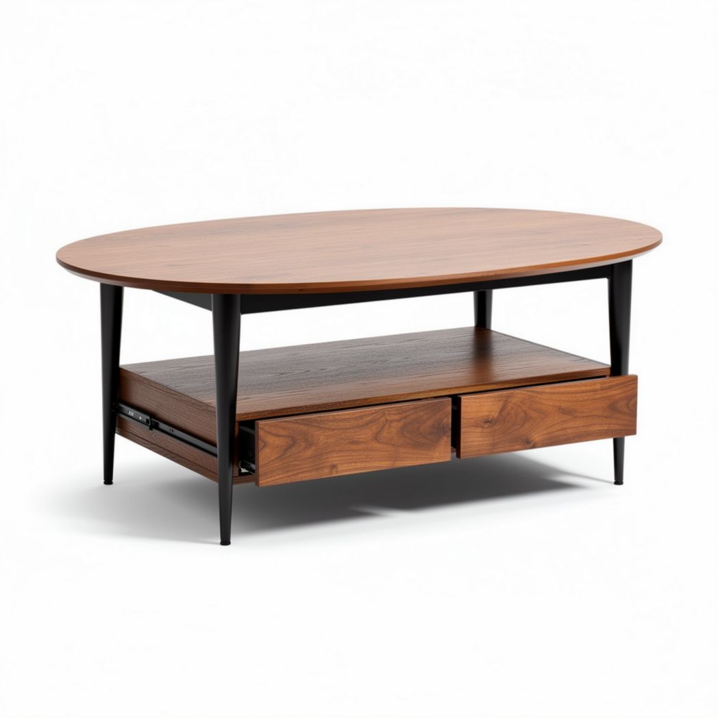 Tavolino da caffè ovale in legno di noce con ripiano inferiore 120 x 60 x 40cm