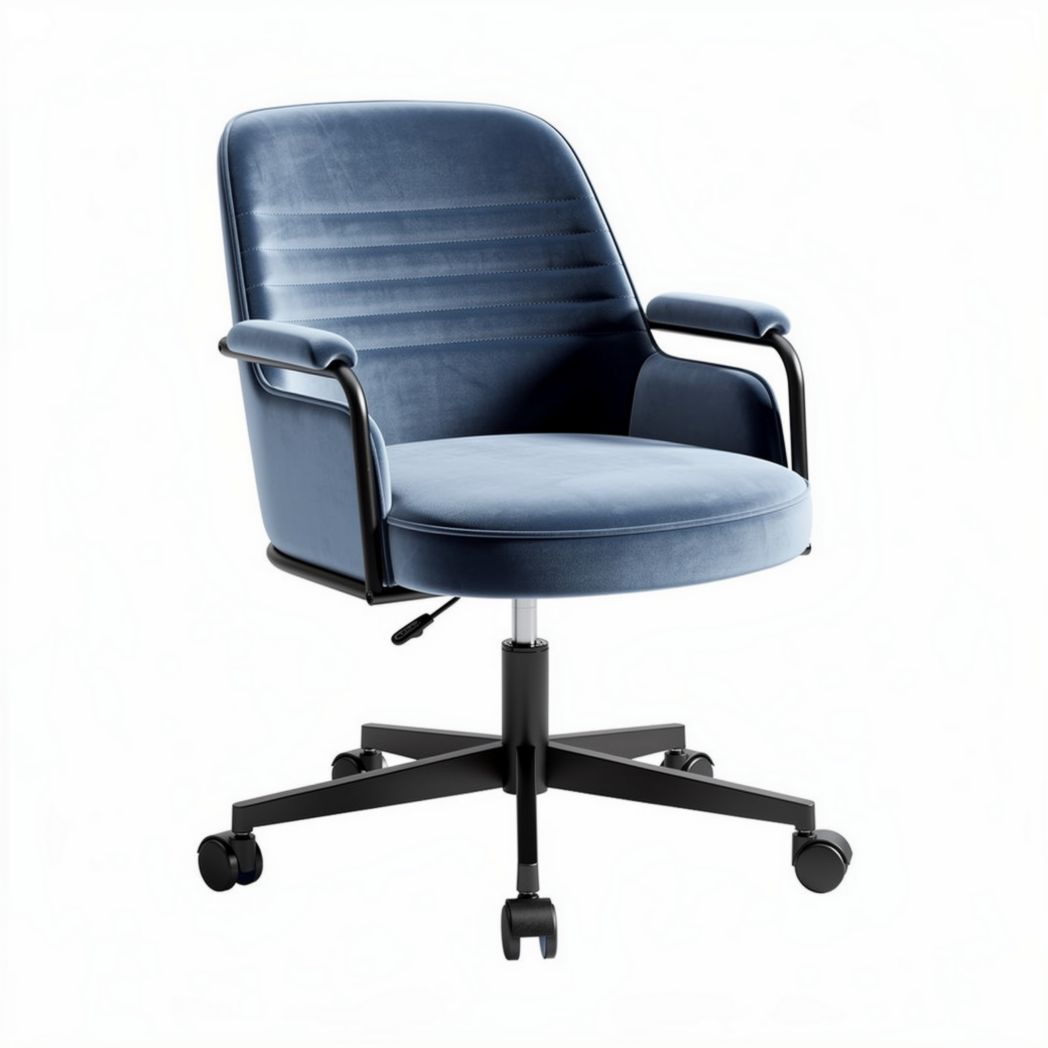Sedia da ufficio girevole in velluto blu con base nera 70 x 70 x 90cm