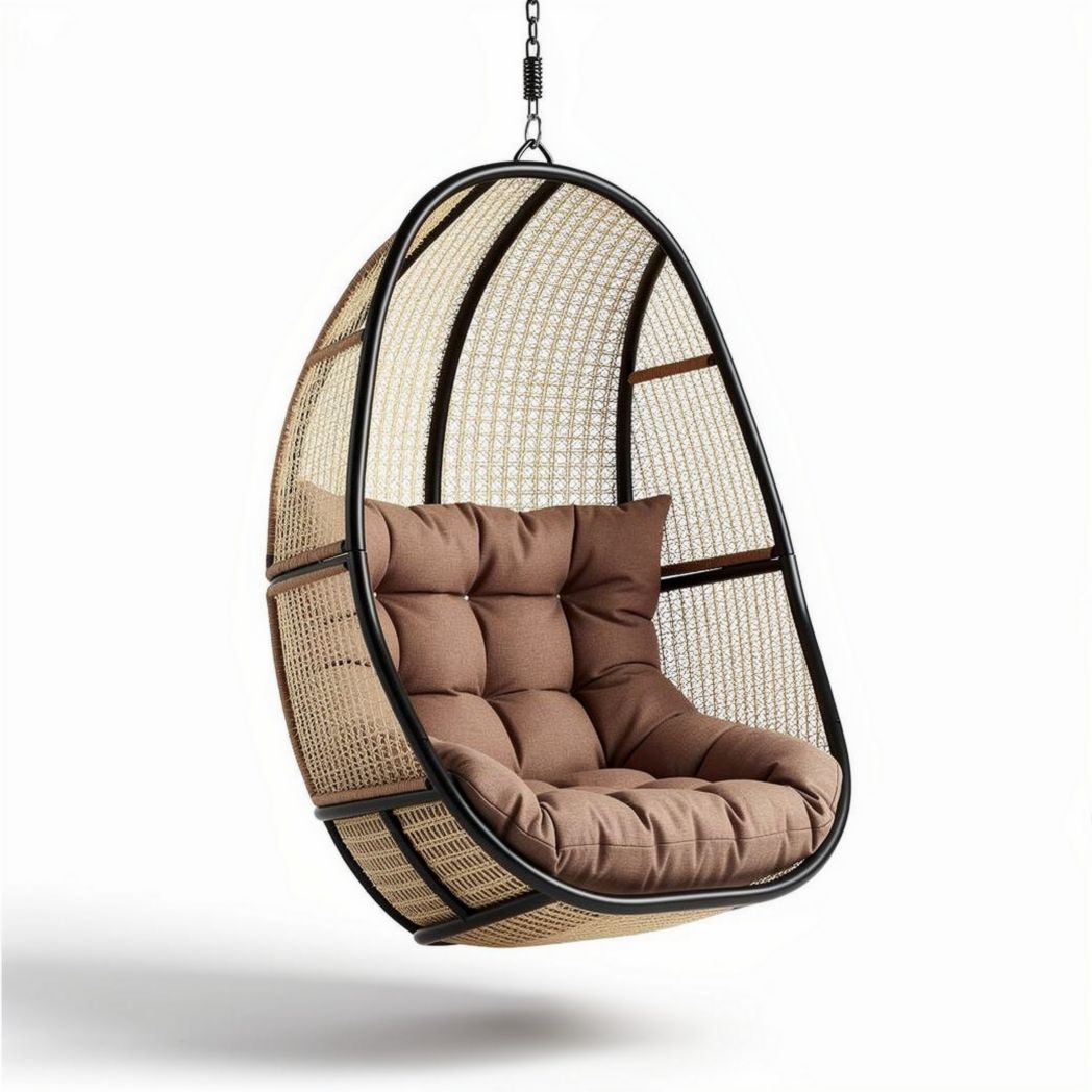 Poltrona a sospensione in rattan con cuscini in tessuto marrone 100 x 80 x 90cm